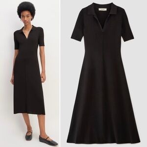 Everlane Black Knit Polo Midi Dress Small Fitted Short Sleeve Viscose Workwear